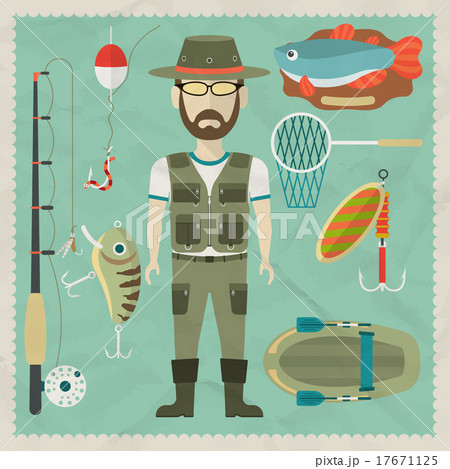 Fisherman flat character. Fishing flat icons Fisherman flat character. Fishing flat icons 17671125