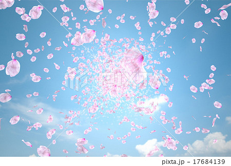 青空の背景に乱舞する桜の花びらのイラスト素材