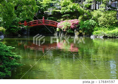 旧安田庭園内(赤い太鼓橋と池) 17684597