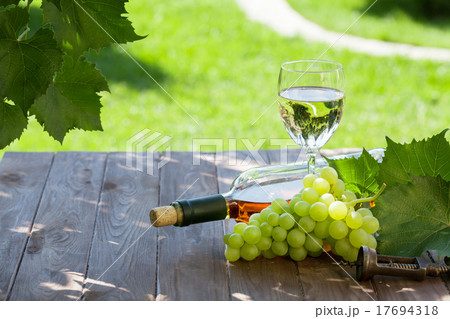 Wine and grape on garden table Wine and grape on garden table 17694318