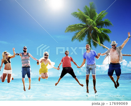 Beach Summer Friends Jumping Happiness Concept Beach Summer Friends Jumping Happiness Concept 17699069
