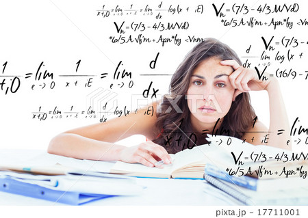 Composite image of bored student doing her homework Composite image of bored student doing her homework 17711001
