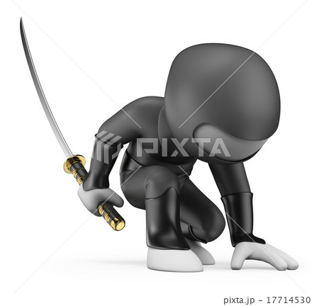 3D white people. Ninja squatting with a katana 3D white people. Ninja squatting with a katana 17714530
