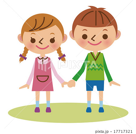 手をつなぐ幼い男の子と女の子のイラスト素材