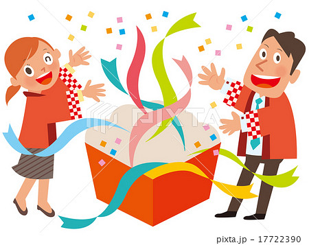 赤いはっぴの男女店員2人と赤い箱＿紙吹雪 17722390