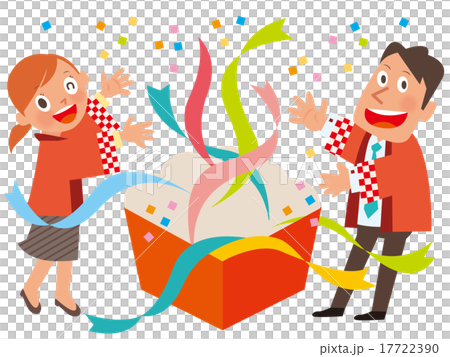 赤いはっぴの男女店員2人と赤い箱＿紙吹雪 17722390