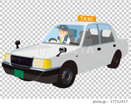 ドライバーさんが乗っている白いタクシーのイラスト素材