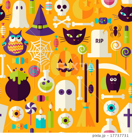 Flat Orange Halloween Objects Seamless Pattern 17737731
