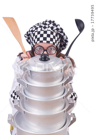 Cook with stack of pots on white Cook with stack of pots on white 17739495