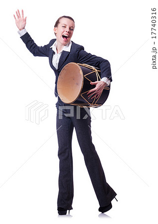 Funny businesswoman with drum isolated on white 17740316