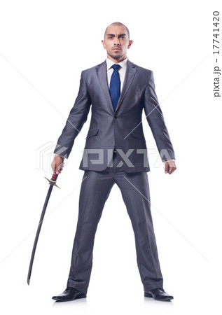 Businessman with sword isolated on white Businessman with sword isolated on white 17741420