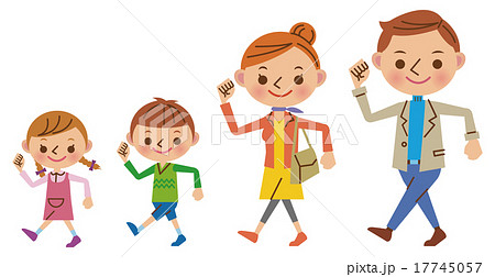 元気に歩く4人家族のイラスト素材