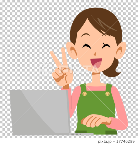 Housewife showing a laptop and peace sign 17746289