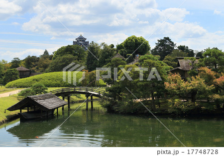 岡山後楽園、慈眼堂前から見る沢の池の中の島と岡山城 17748728