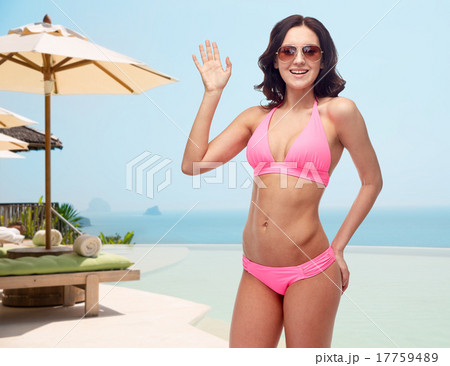 happy woman in sunglasses and bikini swimsuit 17759489