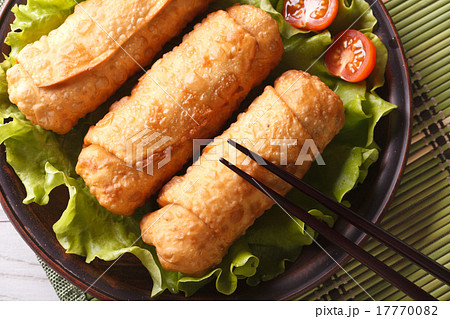 spring rolls fried on lettuce top view spring rolls fried on lettuce top view 17770082