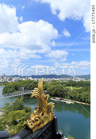 岡山城天守閣の金のシャチホコと後楽園 岡山城天守閣の金のシャチホコと後楽園 17775495