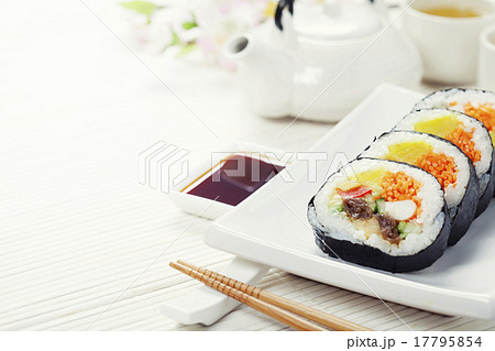 Sushi set, green tea and sakura branch Sushi set, green tea and sakura branch 17795854