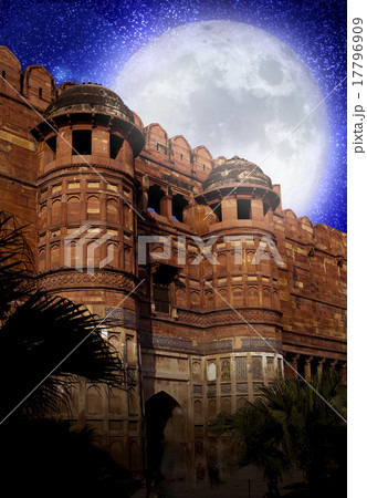 the full Moon over walls of the Red fort. India. A 17796909