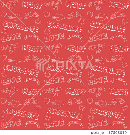 可愛い系アナログ手書き らくがき風ハート バレンタインロゴ柄 模様が繋がるシームレスパターン 赤のイラスト素材