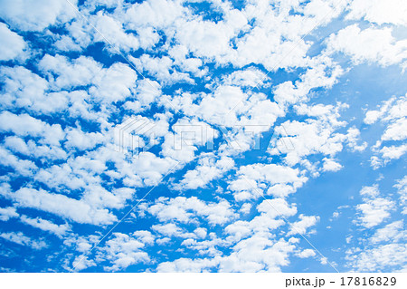 雲 綿雲 積雲 層積雲もしくは高積雲 青い空 白い雲 秋の空 背景用素材 クラウド 青空 合成用背景の写真素材