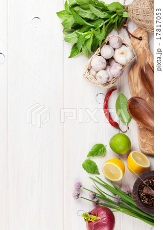 Fresh herbs and spices on wooden table 17817053