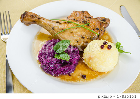 Duck leg with potato dumplings, red cabbage Duck leg with potato dumplings, red cabbage 17835151