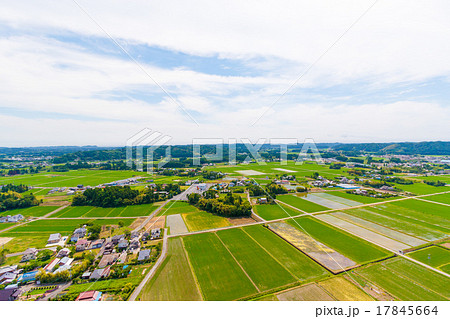 いすみ市の田植えが終わり緑色が濃くなってきた水田風景と里山を空撮 17845664