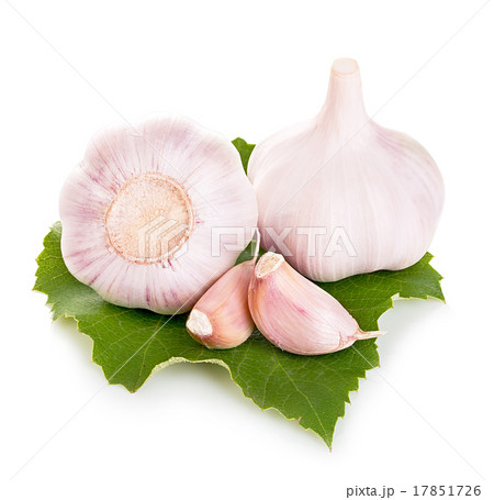 Garlic on green leaf close-up isolated 17851726