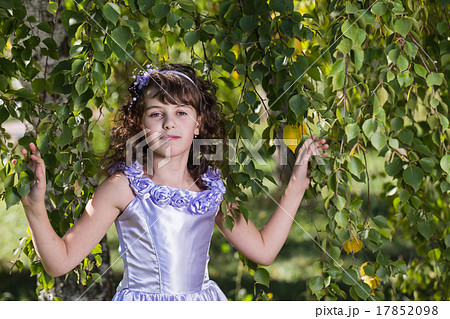 Girl stands near the birch. 17852098