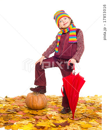 girl with umbrella on autumn leaves on white girl with umbrella on autumn leaves on white 17853016