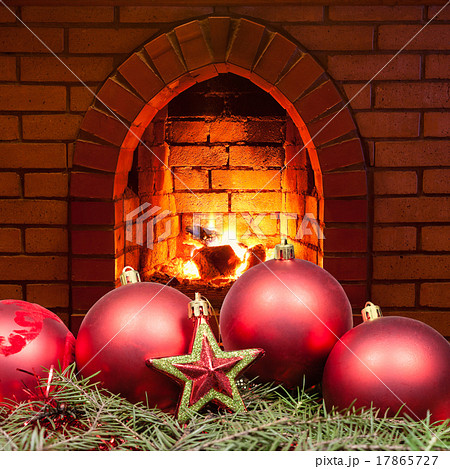 red star and Xmas bubles and home fireplace 17865727