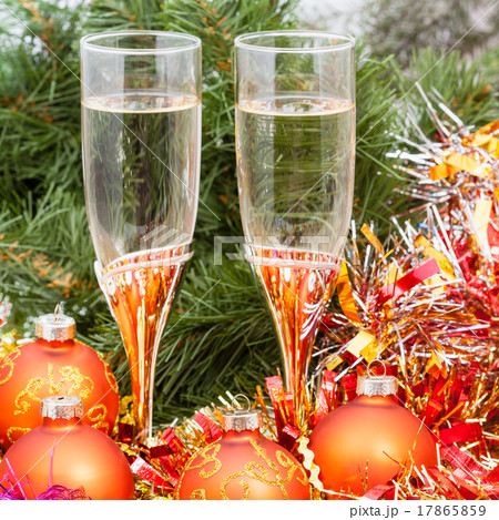 Two glasses with gold Xmas decorations and tree 3 Two glasses with gold Xmas decorations and tree 3 17865859