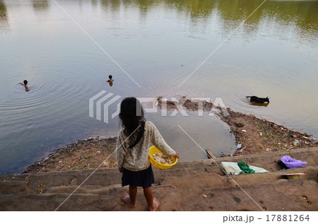 カンボジア アンコールワット 水遊びする子供と犬とお土産売りの女の子 の写真素材