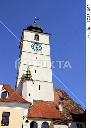 シビウ市参事塔の時計台の写真素材 シビウ市参事塔の時計台の写真素材