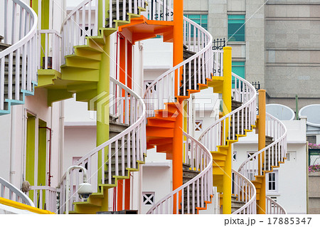Series of colorful revolving fire escape stairs Series of colorful revolving fire escape stairs 17885347