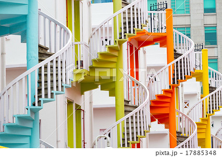 Series of colorful revolving fire escape stairs Series of colorful revolving fire escape stairs 17885348