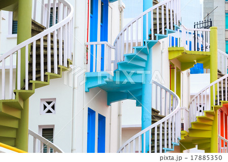 Series of colorful revolving fire escape stairs Series of colorful revolving fire escape stairs 17885350