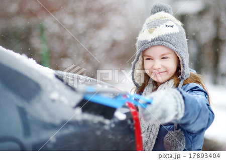 Adorable little girl helping to brush a snow Adorable little girl helping to brush a snow 17893404