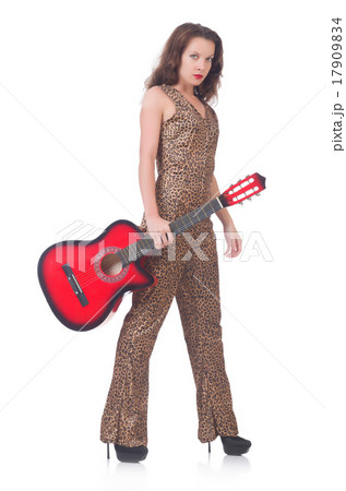 Woman in leopard clothing on white with guitar Woman in leopard clothing on white with guitar 17909834