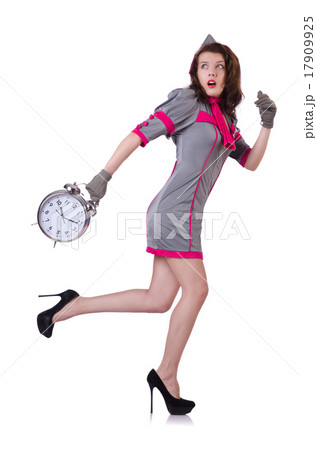 Woman with clock isolated on white 17909925