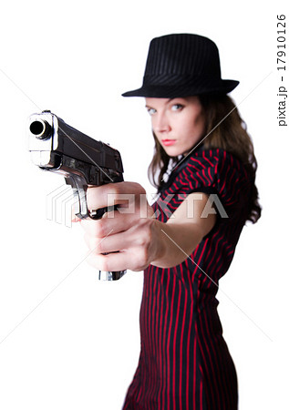 Woman gangster with handgun on white 17910126