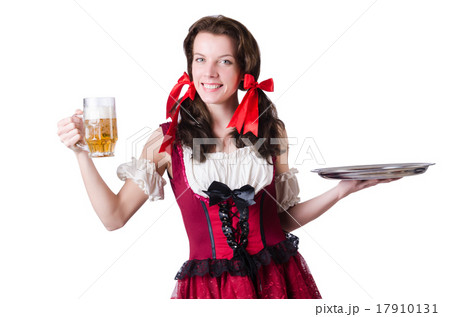 Bavarian girl with tray on white Bavarian girl with tray on white 17910131