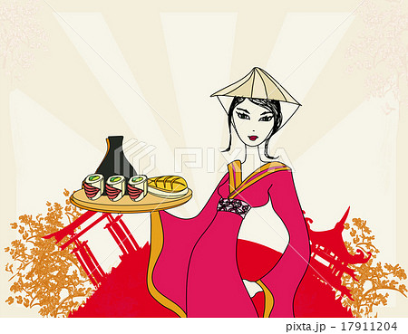 beautiful Asian girl enjoy sushi - menu template 17911204