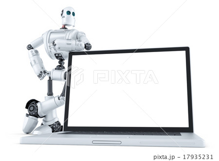 Robot with blank screen laptop. Isolated. 17935231