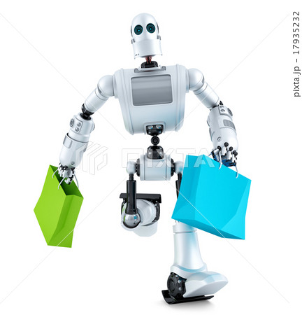 Robot running with shopping bag. Isolated.  17935232