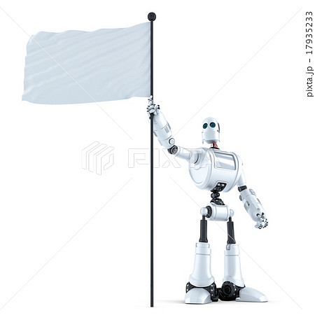 Robot with waving blank flag. Isolated 17935233