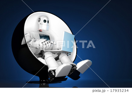 Robot sitting on a chair and holding a laptop 17935234