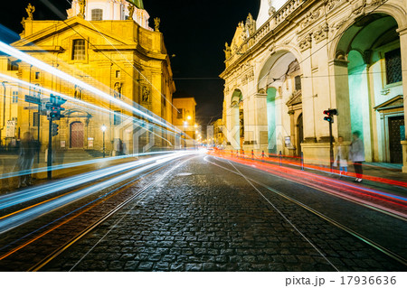 Night View of traffic lights in street in Prague Night View of traffic lights in street in Prague 17936636