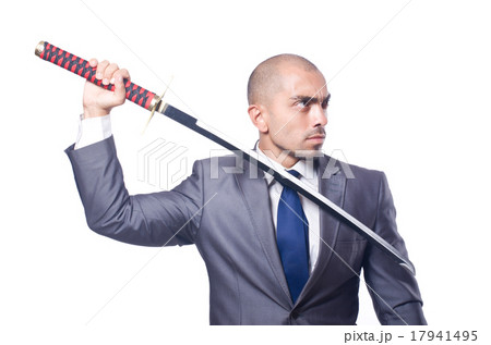 Businessman with sword isolated on white 17941495